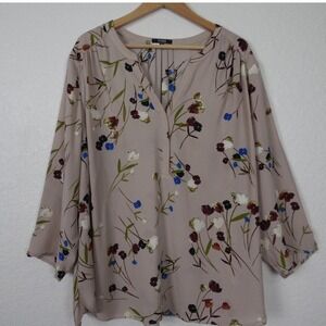 NYDJ Womens Blouse SZ 2X Multicolor Floral V-Neck Pleated‎ Front Cottagecore